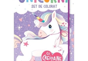 Unicorni. Set de colorat cu creioane si autocolante