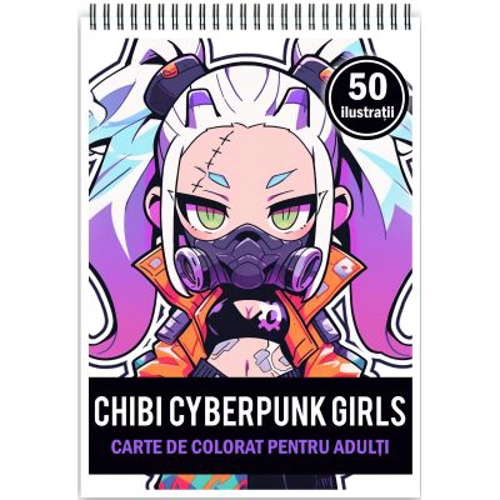 Carte de colorat pentru adulti, 50 de ilustratii Chibi Cyberpunk Girls