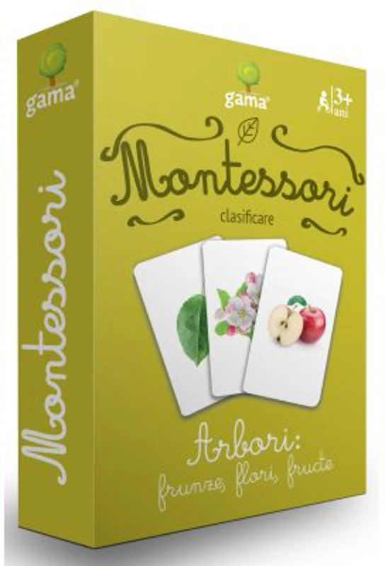 Carti de joc Montessori. Arbori: frunze, flori, fructe