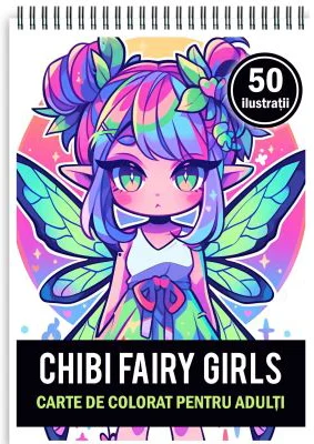 Carte de colorat pentru adulti, 50 de ilustratii, Chibi Fairy Girls