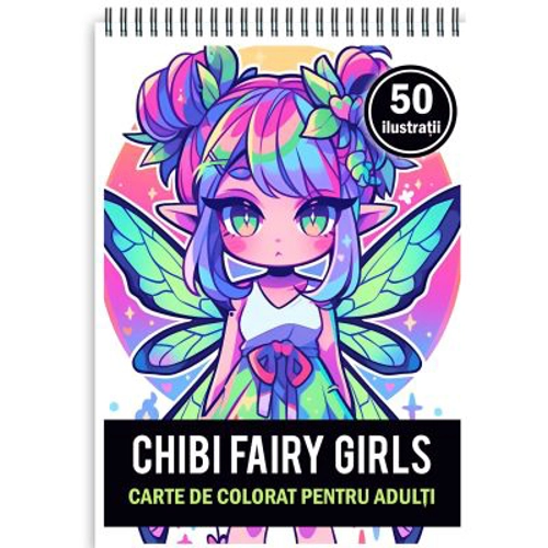 Carte de colorat pentru adulti, 50 de ilustratii, Chibi Fairy Girls