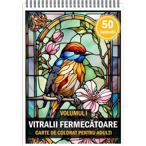 Carte de colorat pentru adulti, 50 de ilustratii, Vitralii Fermecatoare, Volumul 1