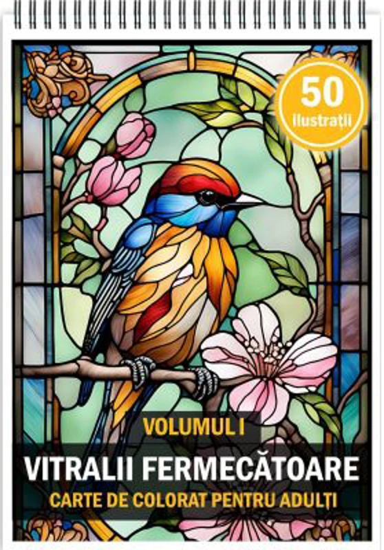 Carte de colorat pentru adulti, 50 de ilustratii, Vitralii Fermecatoare, Volumul 1