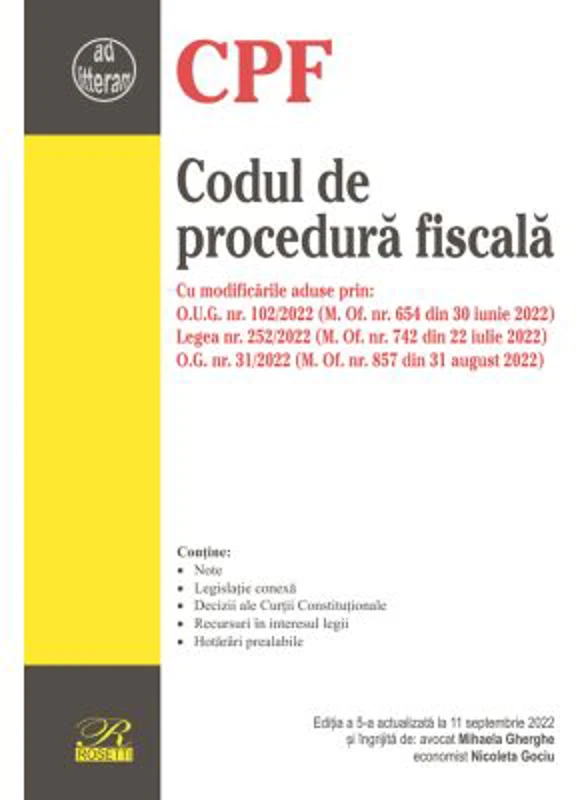 Codul de procedura fiscala. Editia a 5-a actualizata la 11 septembrie 2022