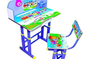 Birou + Scaunel, Reglabile, desene, albastru, MDF + metal