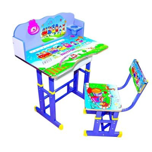 Birou + Scaunel, Reglabile, desene, albastru, MDF + metal