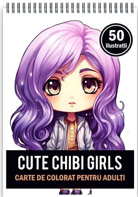 Carte de colorat pentru adulti, 50 de ilustratii Cute Chibi Girls