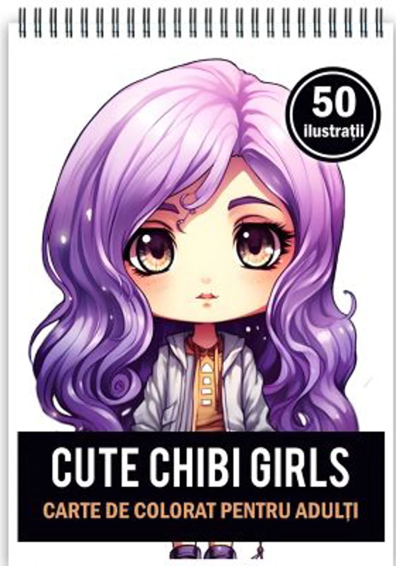 Carte de colorat pentru adulti, 50 de ilustratii Cute Chibi Girls