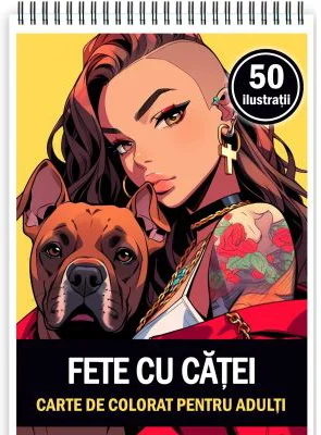 Carte de colorat pentru adulti, 50 de ilustratii, Anime Girls with Dogs