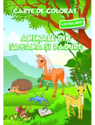 Carte de colorat cu abtibilduri. Animale din Savana si din Padure