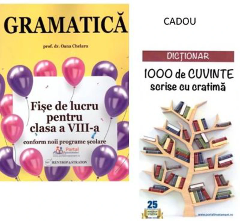 Gramatica. Fise de lucru rezolvate pentru clasa a 8 -a + CADOU Dictionar 1000 de cuvinte scrise cu cratima