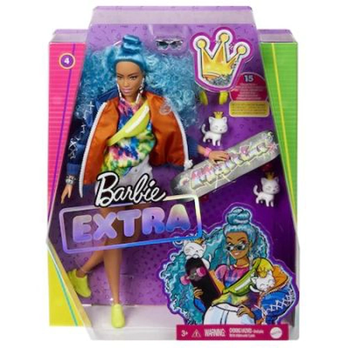 Papusa Extra Style cu Par albastru carliontat, Barbie