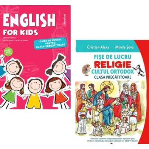 Pachet 2 caiete pentru clasa pregatitoare: English for Kids. Caiet de lucru si Fise de lucru. Religie. Cultul ortodox - Cristina Mircea, Cristian Alex