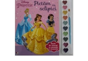 Disney. Printese. Pictam cu sclipici. Carte de colorat cu pensula si acuarele