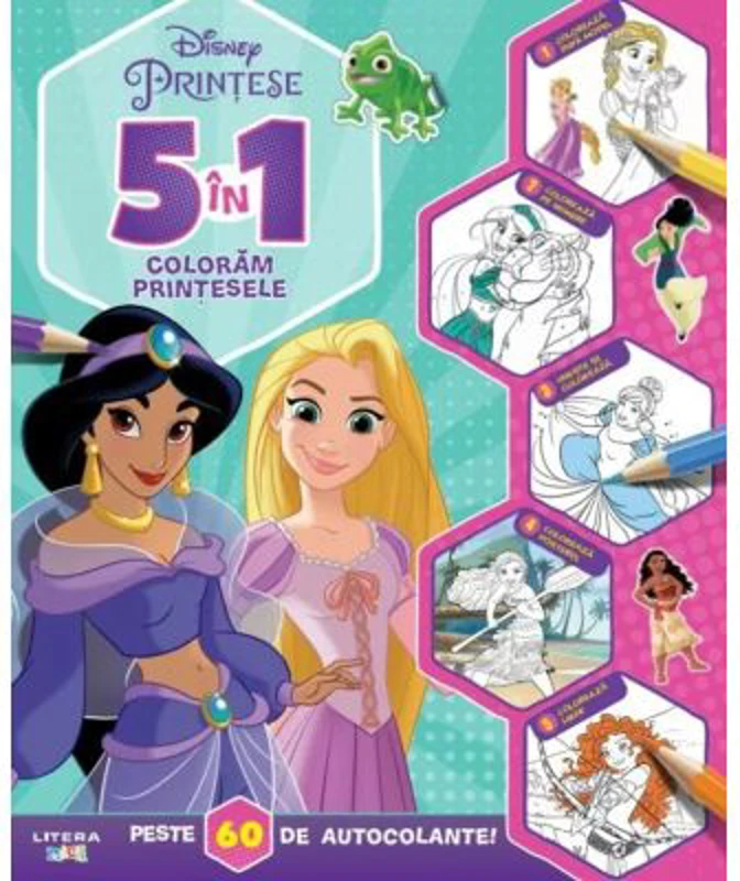 Disney. Printese. 5 in 1. Coloram printesele. Peste 60 de autocolante!