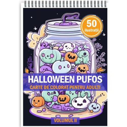 Carte de colorat pentru adulti, 50 de ilustratii, Halloween pufos, Volumul 2