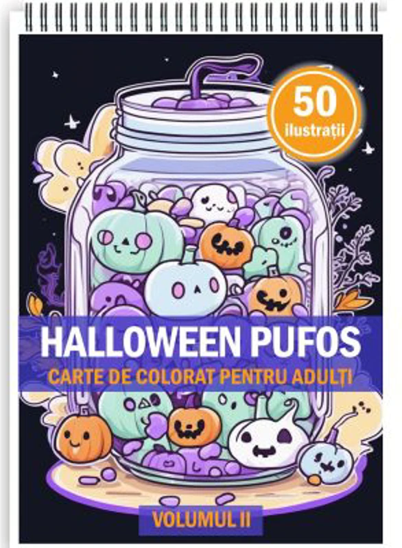 Carte de colorat pentru adulti, 50 de ilustratii, Halloween pufos, Volumul 2