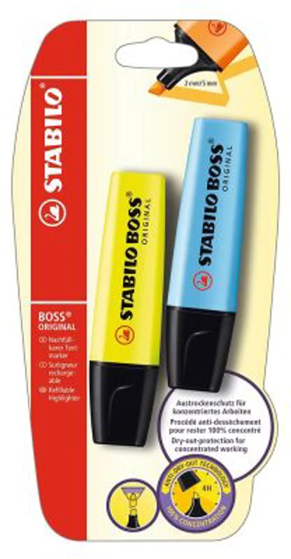 Textmarker Stabilo Boss Original, 2 culori/blister, galben, albastru