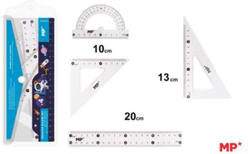 Set geometrie Main Paper, 4 piese, transparent, raportor, 2 echere, rigla 20 cm, albastru