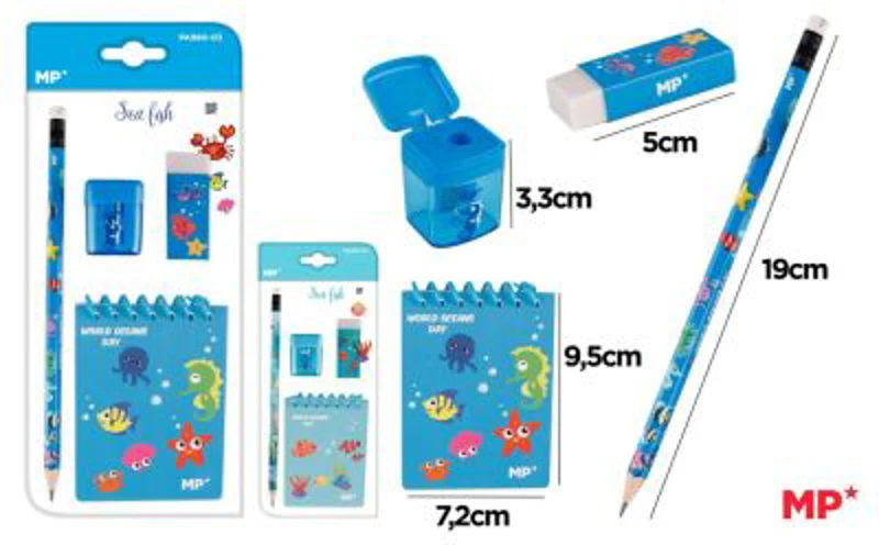 Set Main Paper, creion grafit cu radiera, ascutitoare, notes 7x10 cm, albastru