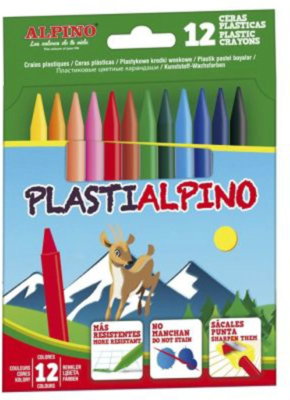 Creioane cerate din plastic, cutie carton, 12 culori/cutie, Plasti ALPINO