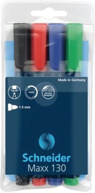 Permanent marker SCHNEIDER Maxx 130, varf rotund 1-3mm, 4 culori/set - (N, R, A, V)