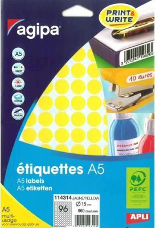 Etichete autocolante Agipa 114314, 96/A5, 15mm, permanente, rotund, galben, top 10 coli (960 etichete)