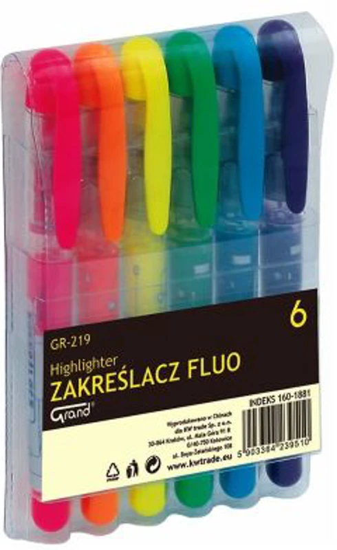 Textmarker Grand GR-219, 160-1881, varf tesit, 1-3. 4mm, set 6 culori fluorescente (galben, albastru, orange, verde, roz, violet)