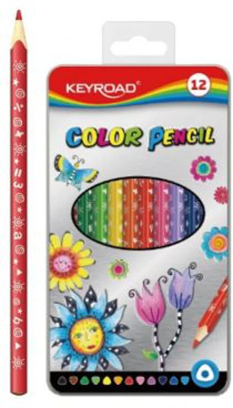 Creioane colorate Keyroad KR971450, triunghiulare, 12 culori, cutie metal