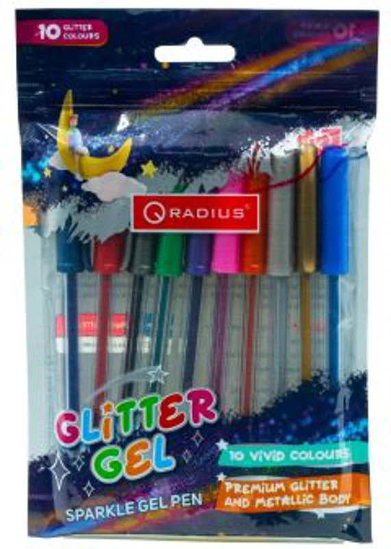 Set 10x Pix cu gel Radius Glitter Gel, 1. 0mm, cu capac, corp transparent, blister 10 culori cu sclipici