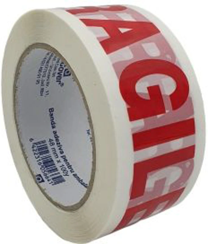 Banda adeziva, pentru ambalare, inscriptionata cu FRAGIL, 48mm x 100yard, alb
