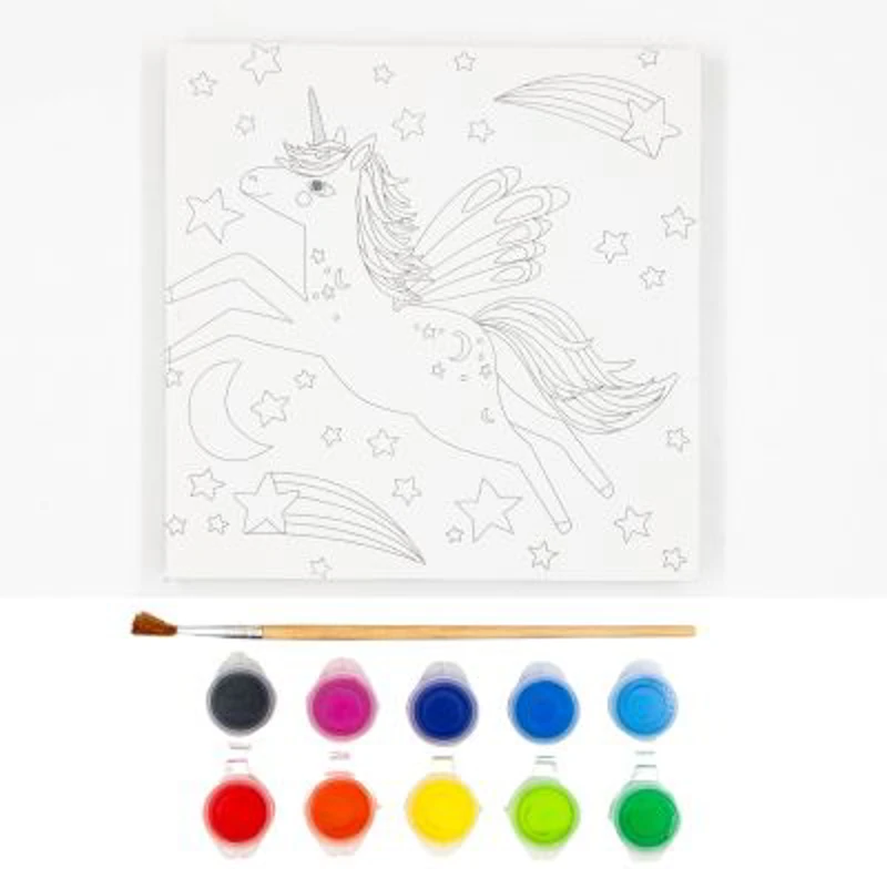 Set pictura pe panza imprimata 15. 5x15. 5cm, Unicorn - acuarele, pensula, cadru de lemn, Colorarte, MY16