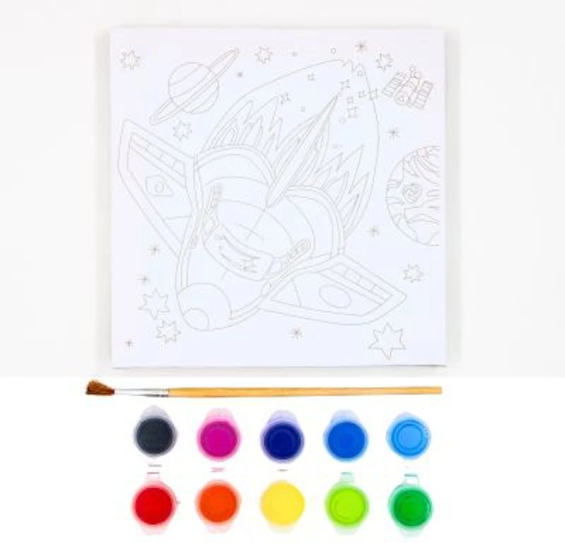 Set pictura pe panza imprimata 15. 5x15. 5cm, Nava spatiala - acuarele, pensula, cadru de lemn, Colorarte, MY18