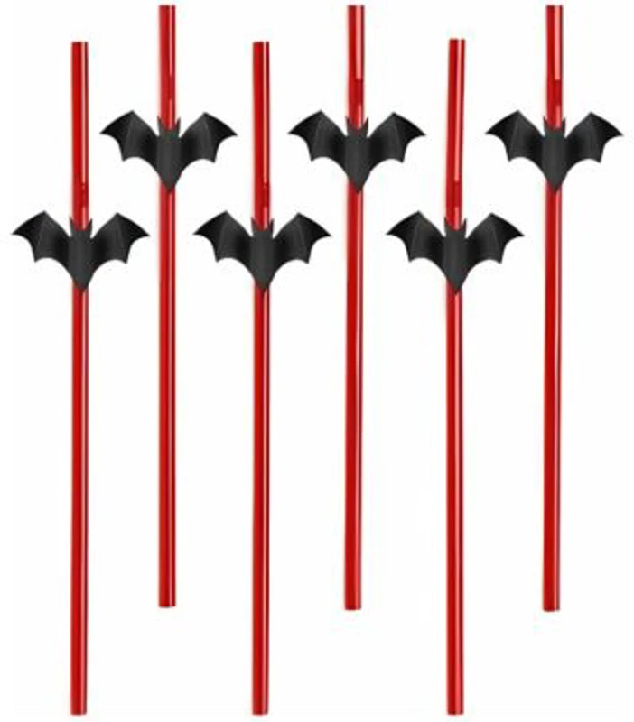 Paie plastic rosii cu lilieci, 19. 5cm, PartyTime Halloween, set 6 buc