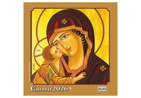 Mini calendar capsat cu Icoane 2026, format 16x16 cm, 12 file.