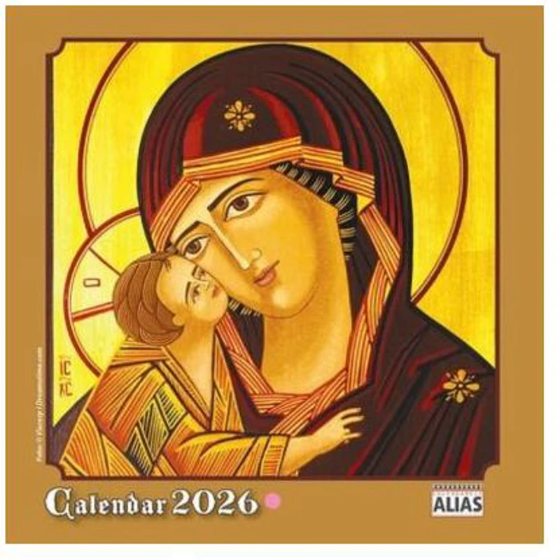 Mini calendar capsat cu Icoane 2026, format 16x16 cm, 12 file.