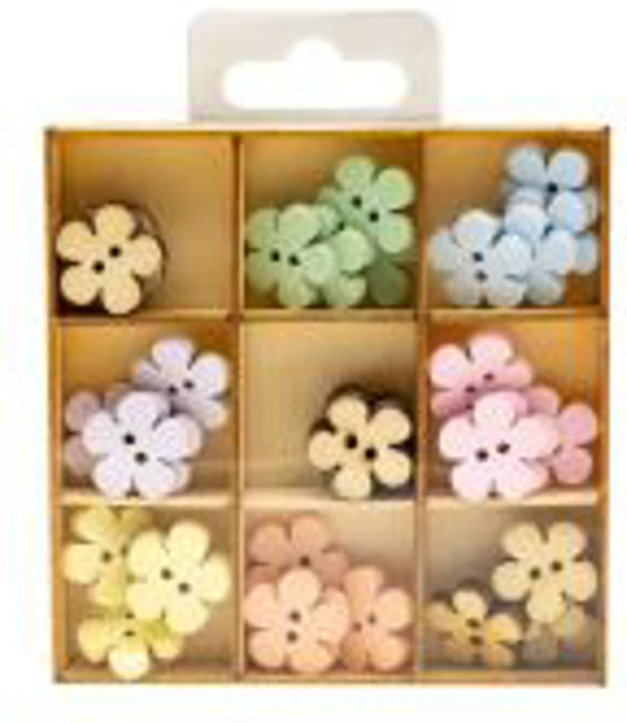 Accesorii creatie - lemn - nasturi floare, diverse culori, cutie 36 buc, Colorarte