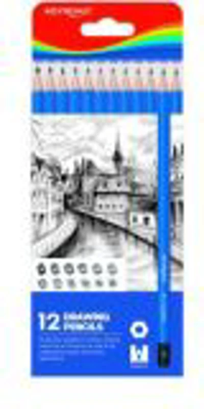 Creion grafit Keyroad KR972271, B-8B / HB-6H, corp hexagonal albastru, fara guma de sters, set 12 buc