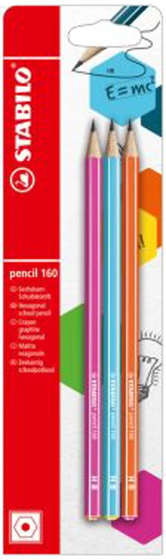 Creion grafit Stabilo 160, 2. 2 mm, HB, fara radiera, corp roz, bleu, portocaliu, set 3 bucati / blister