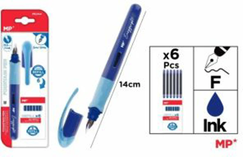 Set stilou albastru Main Paper, varf F, 6 rezerve cerneala, blister