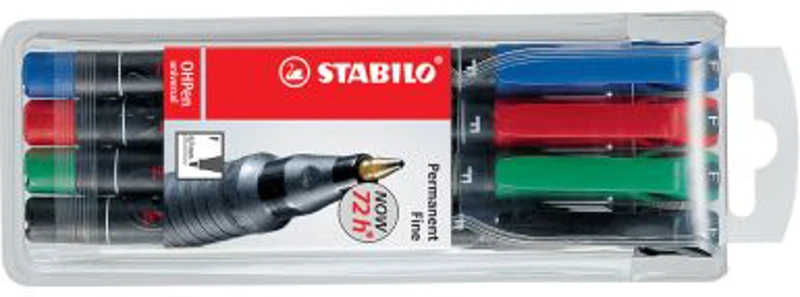 Marker permanent Stabilo Universal OHP 842, corp plastic, varf rotund, 0. 7 mm, 4 bucati/set (negru, rosu, albastru, verde)