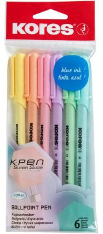 Set 6 pixuri fara mecanism Kores Korm, varf 1 mm, corp pastel, scriere albastra
