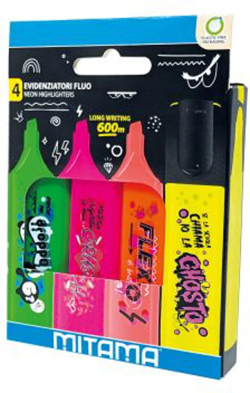 Textmarkere Mitama, 4 culori Fluo, varf tesit 5 mm