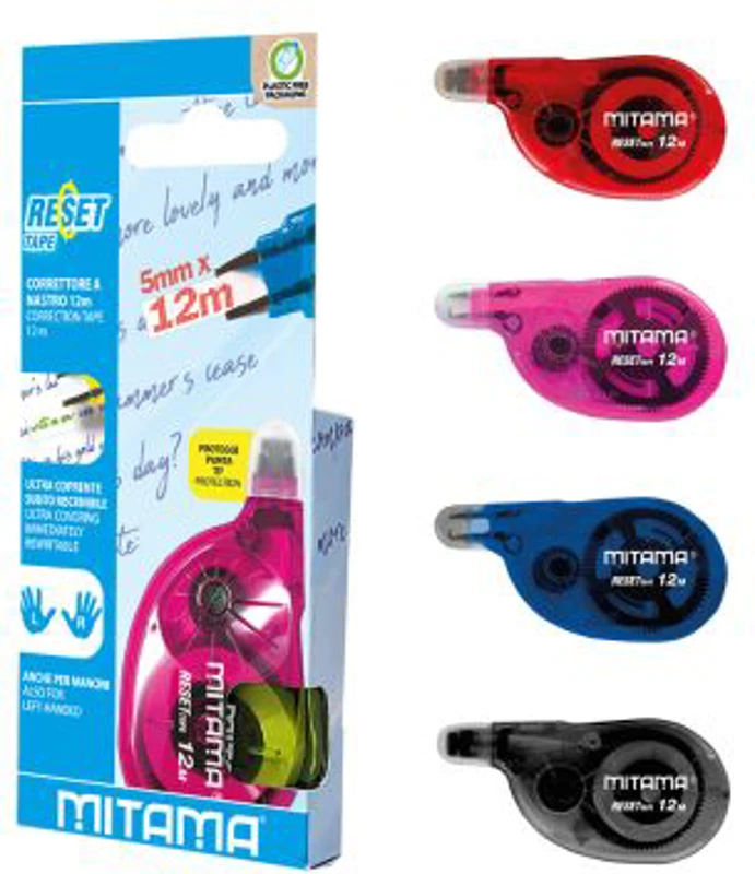 Banda corectoare Mitama Reset, 12 m x 5 mm, ergonomica, utilizare ambidextra, culori asortate