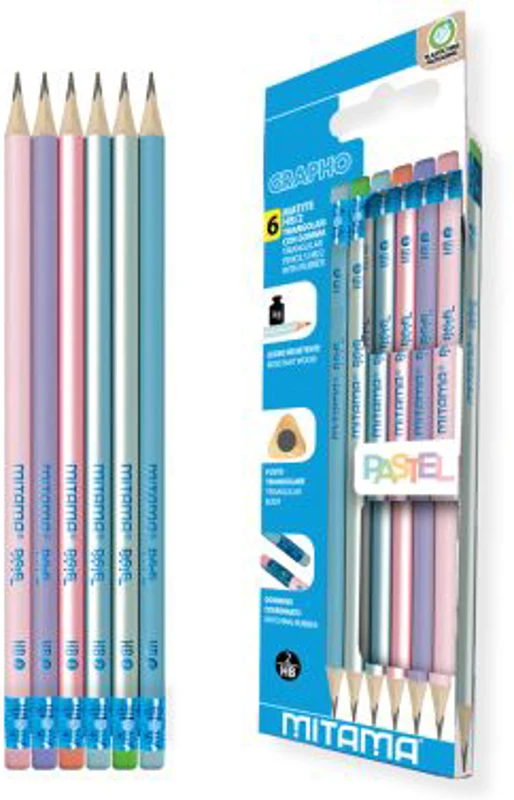 Set 6 creioane HB Mitama, radiera, design pastel