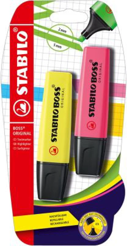 Textmarker Stabilo Boss Original, 2 culori/blister, galben, roz
