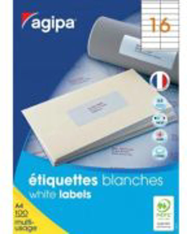 Etichete autocolante Agipa 101126/119005, 16/A4, 105x35 mm, permanente, colturi drepte, alb, top 100 coli (1600 etichete)