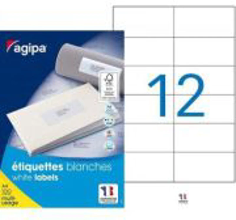 Etichete autocolante Agipa 101032, 12/A4, 105x49. 39mm, permanente, colturi drepte, alb, top 100 coli (1200 etichete)