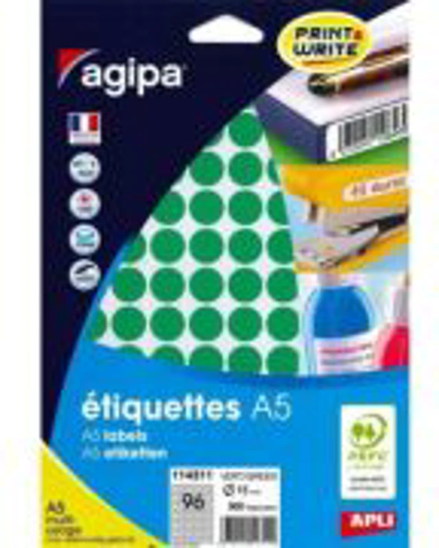 Etichete autocolante Agipa 114311, 96/A5, 15mm, permanente, rotunde, verzi, top 10 coli (960 buc)