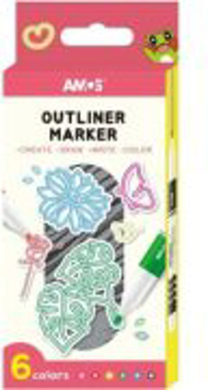 Set 6x Marker Outliner Amos, pe baza de alcool, varf rotund, argintiu cu contur colorat